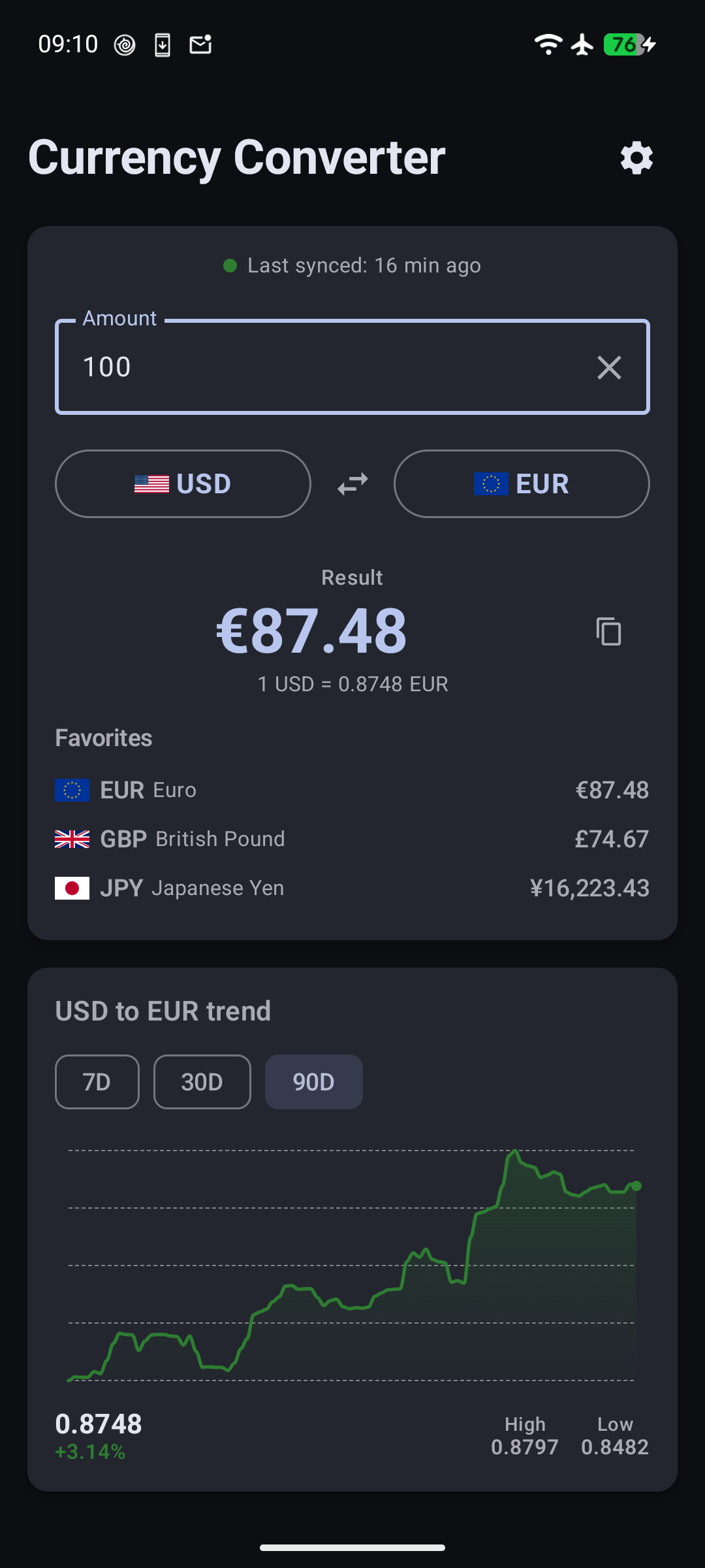 Offline Currency Converter main screen