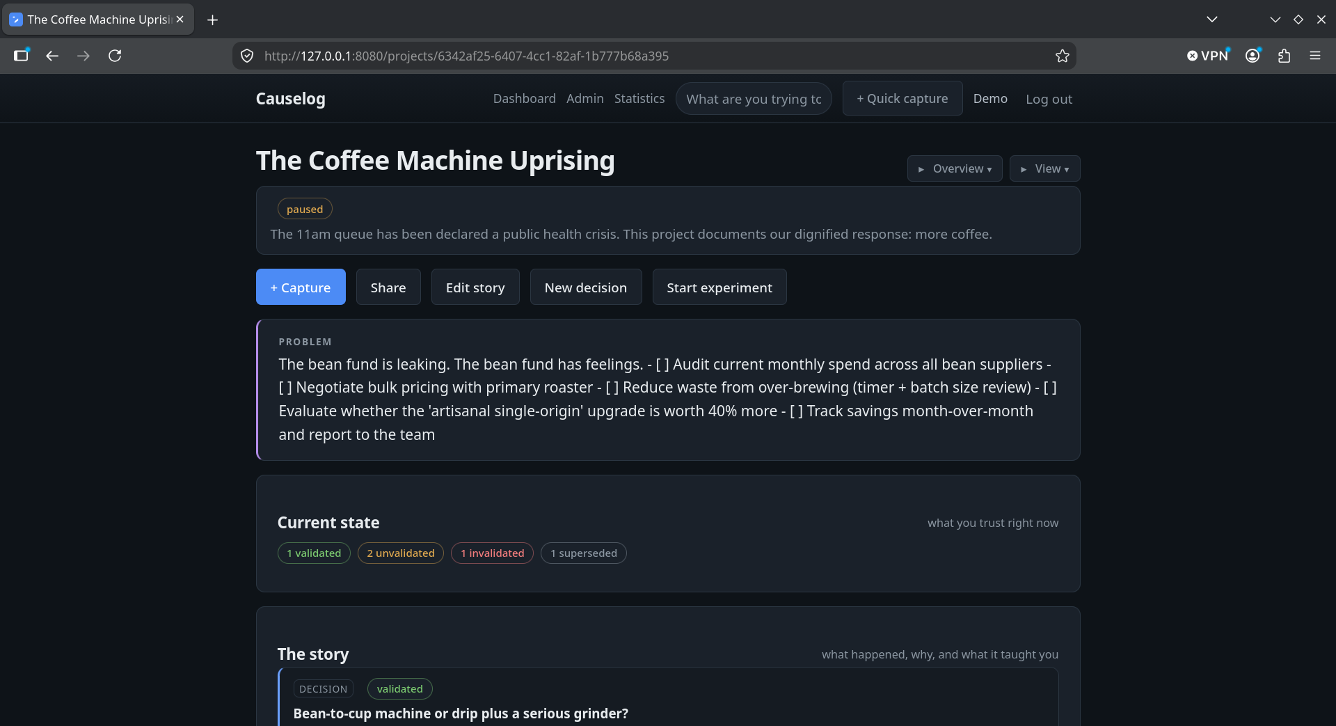 Causelog project detail page — decisions, experiments, and notes with an inline editor